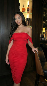 Kat Mesh Off Shoulder Dress - Red