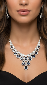 Sparkle Away Blue Midnight Rhinestone Trim Teardrop Stone Accented Necklace & Earrings Set