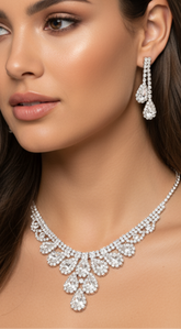 Sparkle Away Rose Gold Rhinestone Trim Teardrop Stone Accented Necklace & Earrings Set