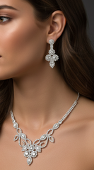 Flower & Leaf Silver Cubic Zirconia Necklace & Earrings Set