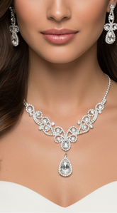 Confidence Silver Teardrop Crystal Rhinestone Vine Drop Collar Necklace & Clip on Earrings Set