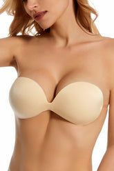 Adhesive Plunge Bra with Back Strap - Beige