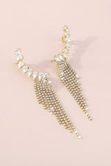 Shiny Gold Rhinestone Long Fringe Drop Earrings