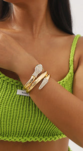 Snake Metal Rhinestone Twisted Bangle Bracelet - Gold