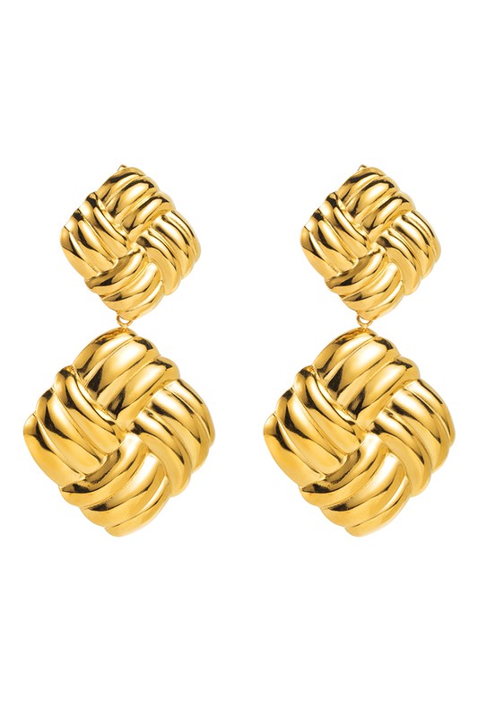 Gold Plated Striped Square Drop Earrings -  Gold