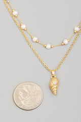 Conch Charm Pearl Beads Layered Necklace - Gold