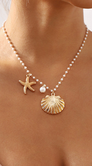Pearl Chain Starfish Shell Necklace - Gold