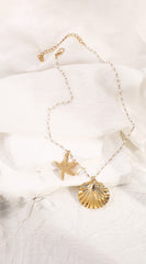 Pearl Chain Starfish Shell Necklace - Gold