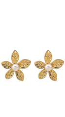 Tina Pearl Metal Floral Stud Earrings - Gold