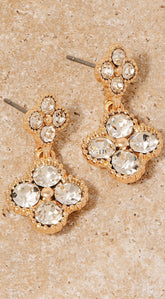 Double Rhinestone Clover Dangle Earrings - Gold