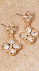 Double Rhinestone Clover Dangle Earrings - Gold