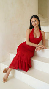 Nerisse Halter Midi Dress - Red