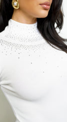 Annisa Mock Neck Rhinestone Bodysuit - White