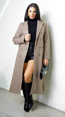 Rita Double-Breasted Longline Notch Collar Coat - Mocha