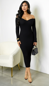 Lio Off Shoulder Ribbed Midi Dress - Black