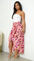 Tula Multi Color Print Sarong Wrap Midi Skirt - Pink