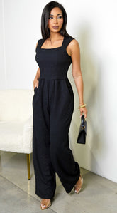 Priya Square Neck Sleeveless Textured Jumpsuit - Black