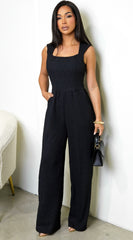Priya Square Neck Sleeveless Textured Jumpsuit - Black