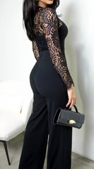 Marise Lace Top Knit Jumpsuit - Black