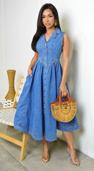 Hope Sleeveless Denim Midi Dress - Blue