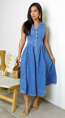 Hope Sleeveless Denim Midi Dress - Blue