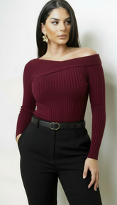 Avena Asym Rib Knit Top - Burgundy