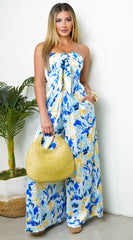 July Tube Front Tie Multi Color Print Wide Leg Jumpsuit - Blue