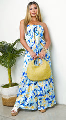July Tube Front Tie Multi Color Print Wide Leg Jumpsuit - Blue