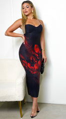 Dune Mesh Floral Print Midi Dress - Black