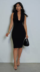 Nilly Cowl Neck Ribbed Midi Dress - Black