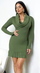 Velmira Cowl Neck Ribbed Mini Dress - Green