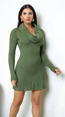 Velmira Cowl Neck Ribbed Mini Dress - Green