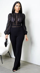 Nerine Crochet Lace Mesh Jumpsuit - Black