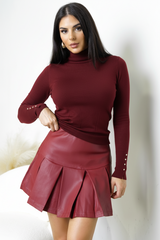 Nerix Pleated PU Leather Skirt - Brick Red