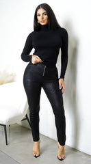 Linea Coated Texture Pants - Black