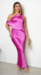 Lumen One Shoulder Slim Satin Maxi Dress - Pink