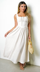 Lira Stripe Sleeveless Corset Detail Midi Dress - Light Taupe