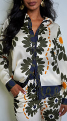 Vivaan Floral Print Satin Set - Cream