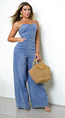 Halo Strapless Wide Leg Denim Jumpsuit - Blue