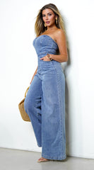 Halo Strapless Wide Leg Denim Jumpsuit - Blue