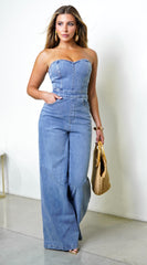 Halo Strapless Wide Leg Denim Jumpsuit - Blue