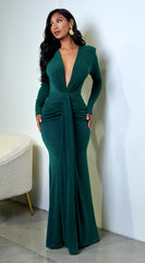 Leilani Metallic Ruched Deep V Maxi Dress - Green