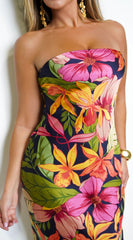 Muse Tropical Print Satin Strapless Maxi Dress - Multi Black