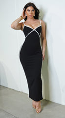 Saskia V Neckline Pipe Detail Maxi Dress - Black