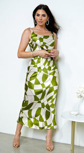 Addison Geo Print Satin Skirt Set - Green