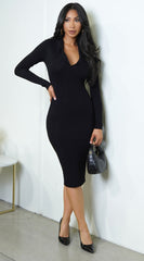 Samaira Collared Ribbed Midi Dress - Black