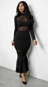 Dania Mesh Detail Mermaid Maxi Dress - Black