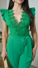 Giulia Lace Crochet Jumpsuit - Green
