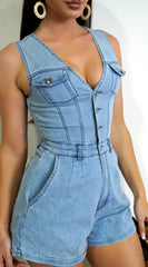 Inaya Denim Button Down Romper - Blue
