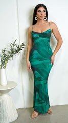 Alora Multi Print Cowl Neck Lace Up Maxi Dress - Green